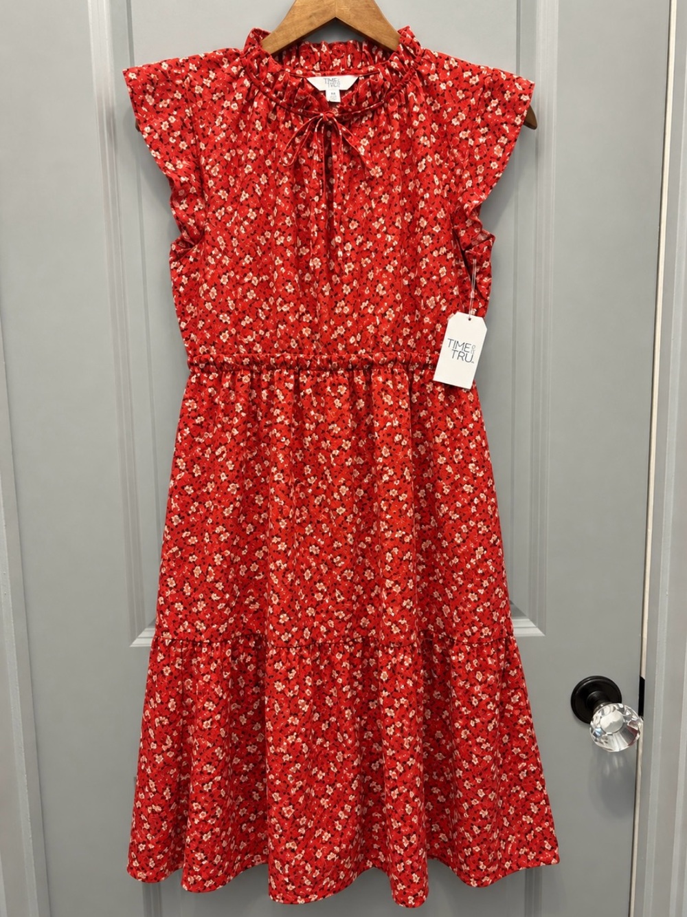 Time and Tru Red Floral Tie-Neck Tiered Dress